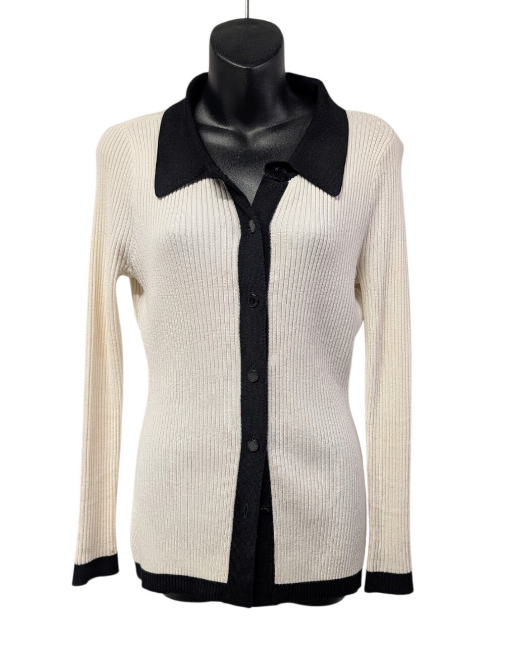 White House Black Market Womens Ivory Black Collared Ribbed Button Cardigan SP